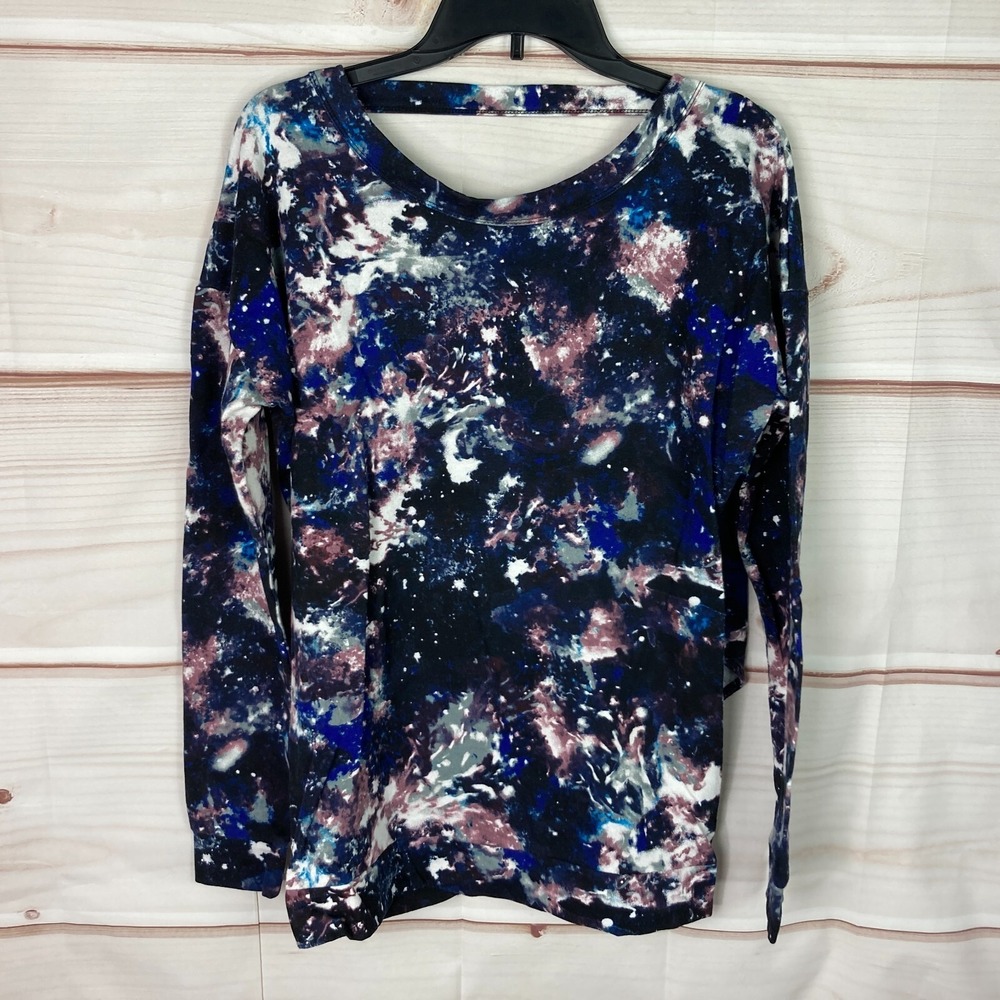 Askya Sweatshirt Womens‎ M Galaxy Print Long Sleeve Open Back Faux Wrap Pullover